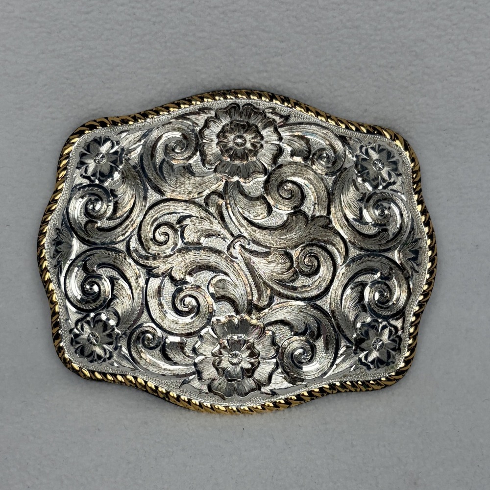 Montana Silversmiths Floral Engraved Silver Plate Belt Buckle Gold Rope Edge